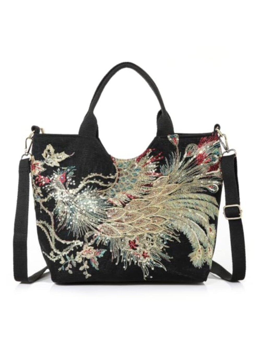Phoenix Sequin Embroidery Canvas Tote Bag Medium Adjustable Crossbody Purse